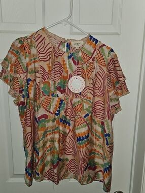 Umgee Multicolor Floral Wave Print Ruffled Sleeve Top